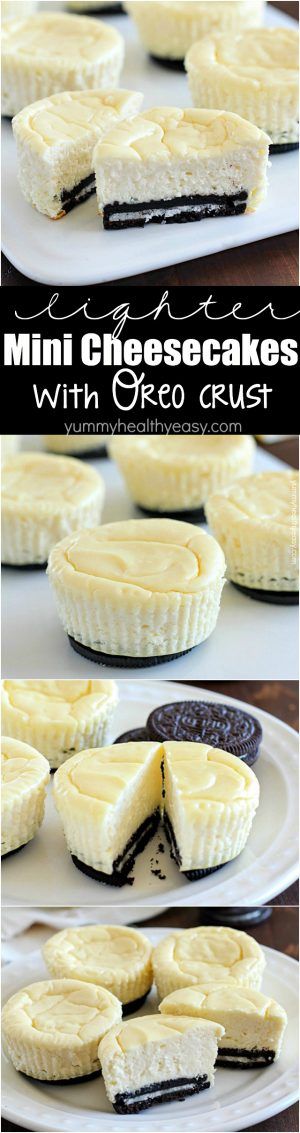 Mini Cheesecakes with an Oreo crust! This lighter recipe is absolutely delicious and super easy to make. Only a few ingredients &