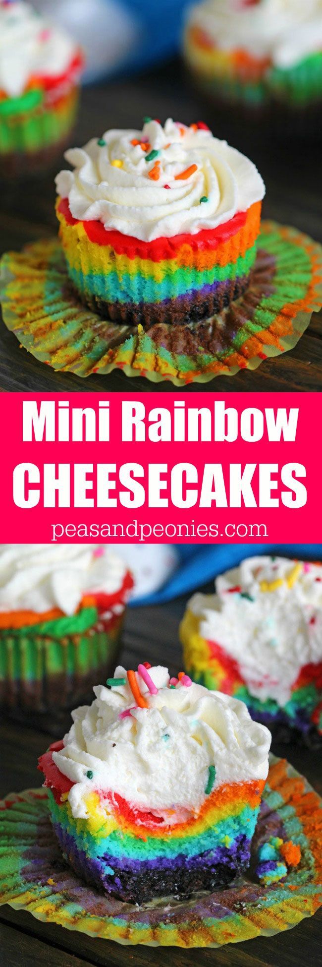 Mini Rainbow Cheesecakes are incredibly easy to make and very festive. They taste delicious and would be a fun project to do with