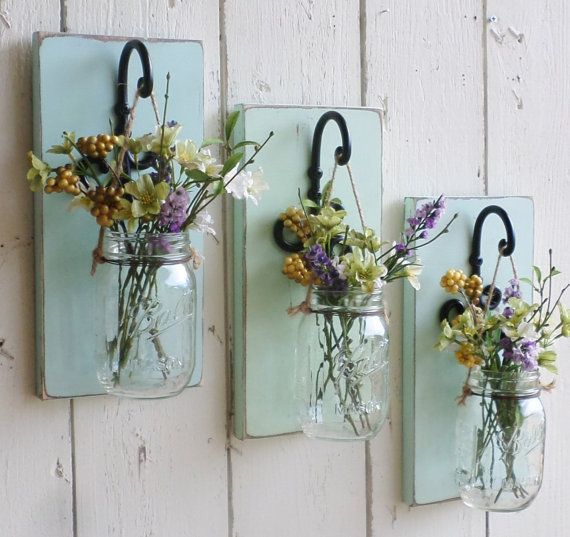 NEW…Rustic Farmhouse… Wood Wall Decor…Individual Hanging Mason Jars…Your Choice of Color