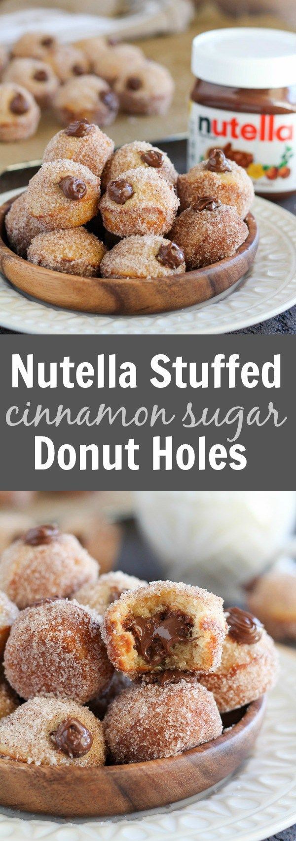Nutella Stuffed Cinnamon Sugar Donut Holes – Baked vanilla donut holes coated in cinnamon sugar and filled with creamy Nutella. No