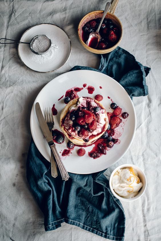 Orange Blossom Pancakes with Vanilla Honey Cream & Berry Compote