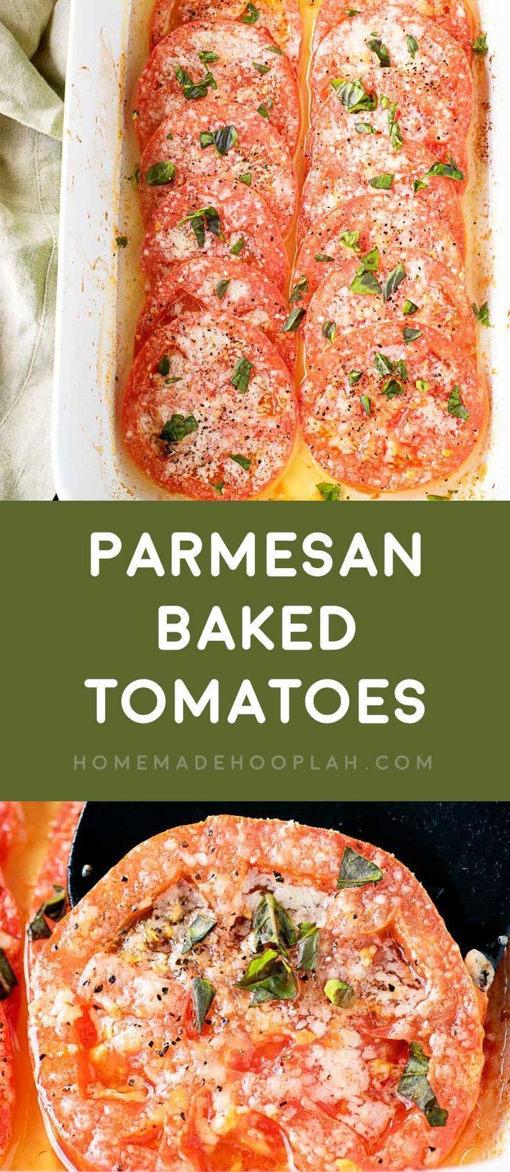 Parmesan Baked Tomatoes! If you’re craving pizza but not the calories, this easy baked tomato dish is like a pizza without the