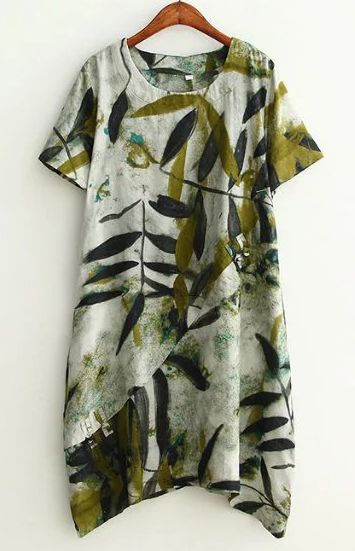 Plus Size Leaf Print Short Sleeve Tunic Dress