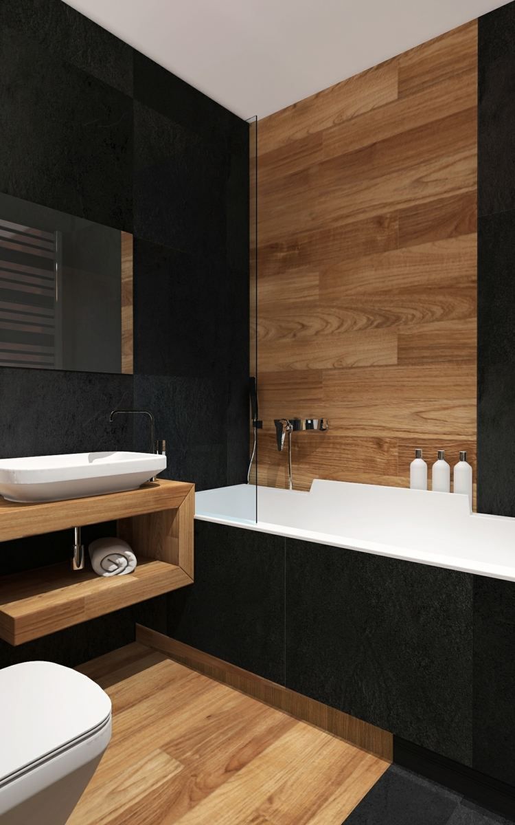 salle de bains moderne avec carrelage mural noir et imitation bois