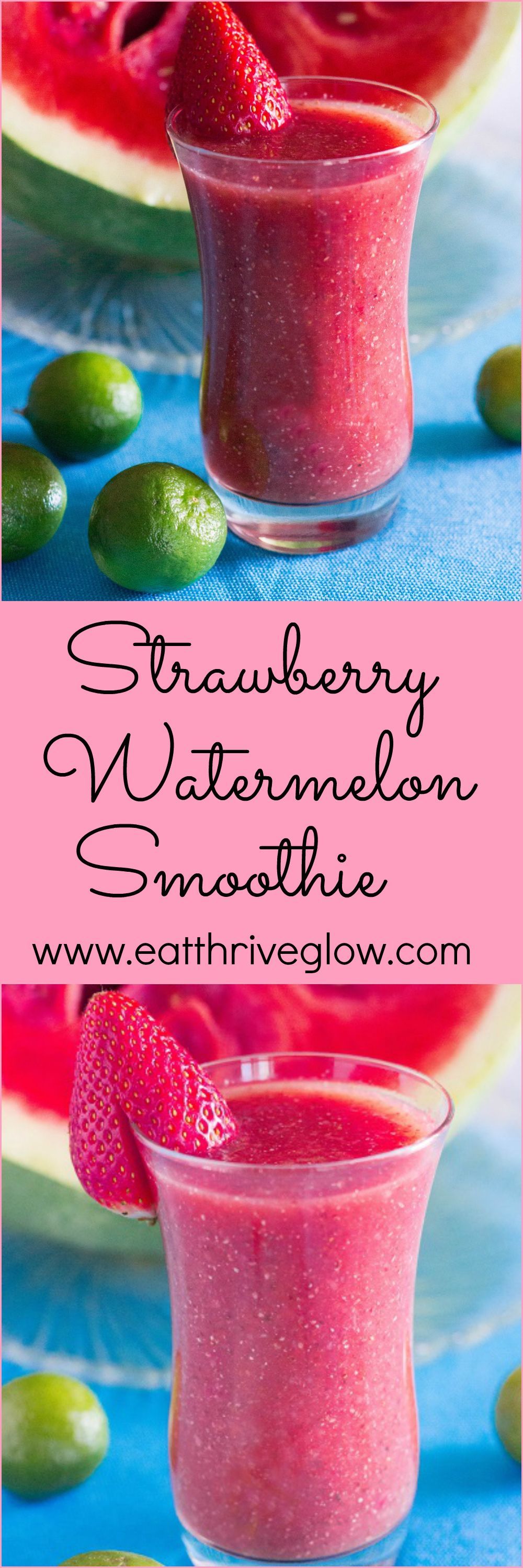 This simple Strawberry Watermelon Smoothie recipe has fresh ginger, lime, and chia seeds for health benefits! Easy to make and