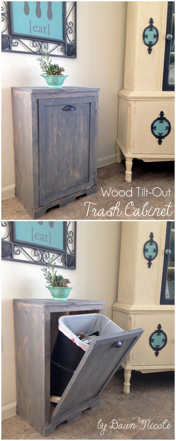 Wood Tilt Out Trash Can Cabinet. Hide your ugly trash can and aslo gain extra storage in the kitchen with this brilliant fix abd