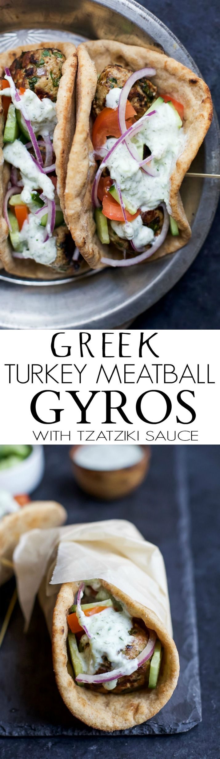 30 Minute Greek Turkey Meatball Gyros topped with a classic Tzatziki Sauce you’ll want to swim in! These Gyros are the perfect