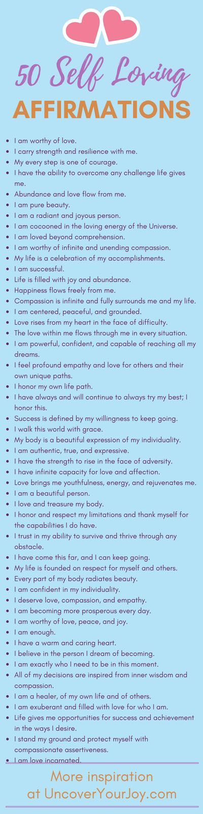 50 affirmations for self-love. Inspiring resources, quotes, and more for happiness and joy at uncoveryourjoy.com