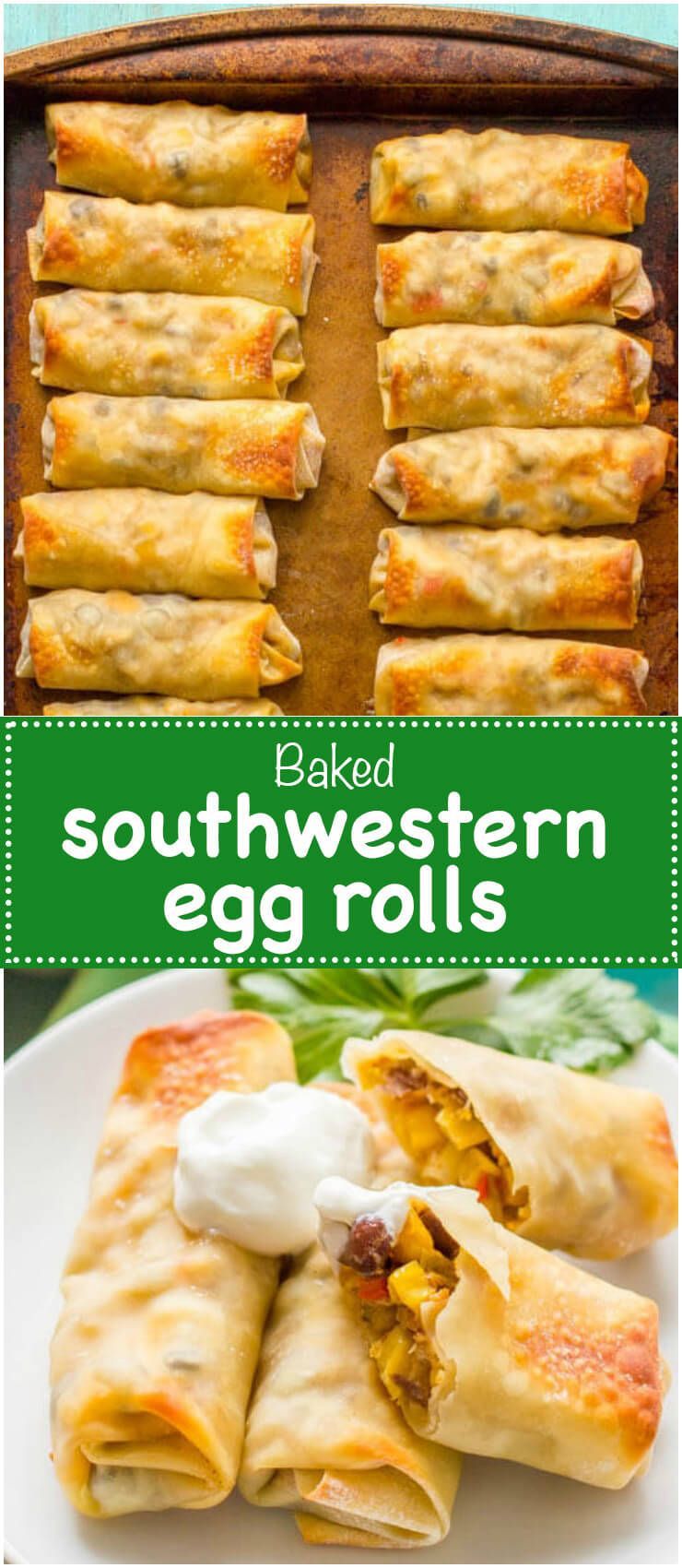 Baked southwestern egg rolls with chicken, black beans and cheese make a perfect game day or party appetizer – these are always a