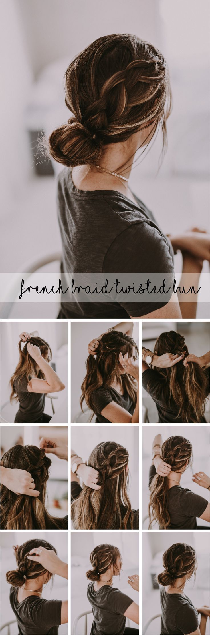 Beautiful french braid twisted bun up-do hairstyle. Perfect dressed up for holiday parties or paired with your sweatshirt and