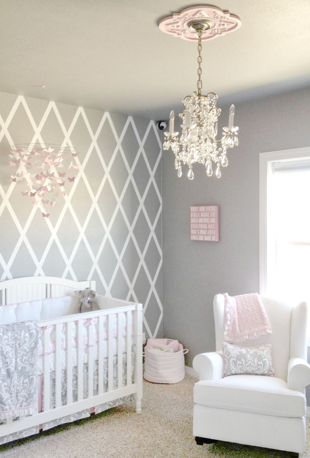 Beautiful gray and pink nursery features our Stella Gray Baby Bedding Collection! So pretty for a baby girls nursery!