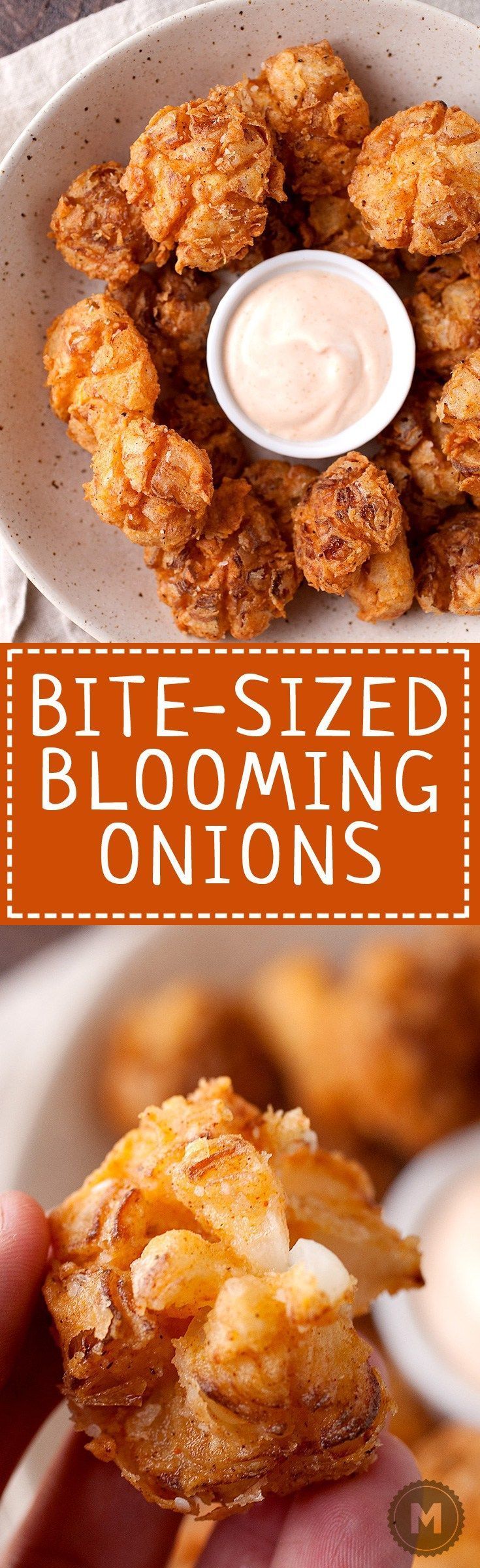 Bited Sized Blooming Onions: The perfect bite-sized version of the popular fried onion appetizer! Easy to share and easy to eat!