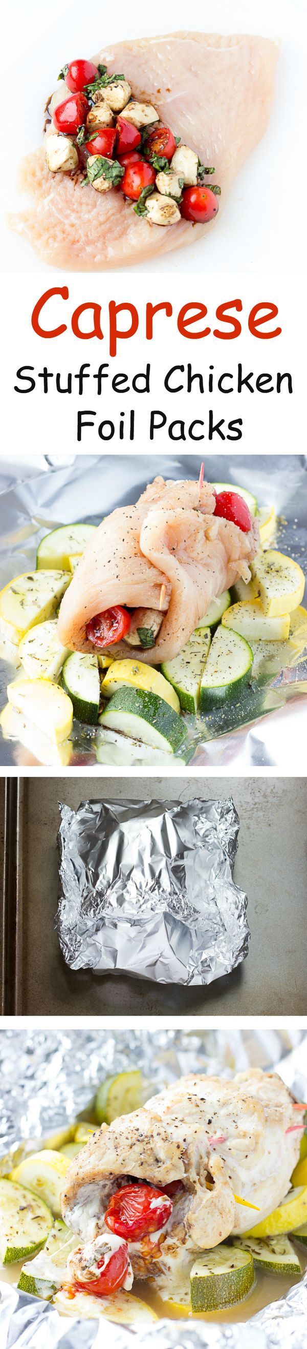 Caprese Stuffed Chicken Foil Packs – A healthy dinner recipe that can be made in an oven, on a grill, or over a campfire.  Chicken