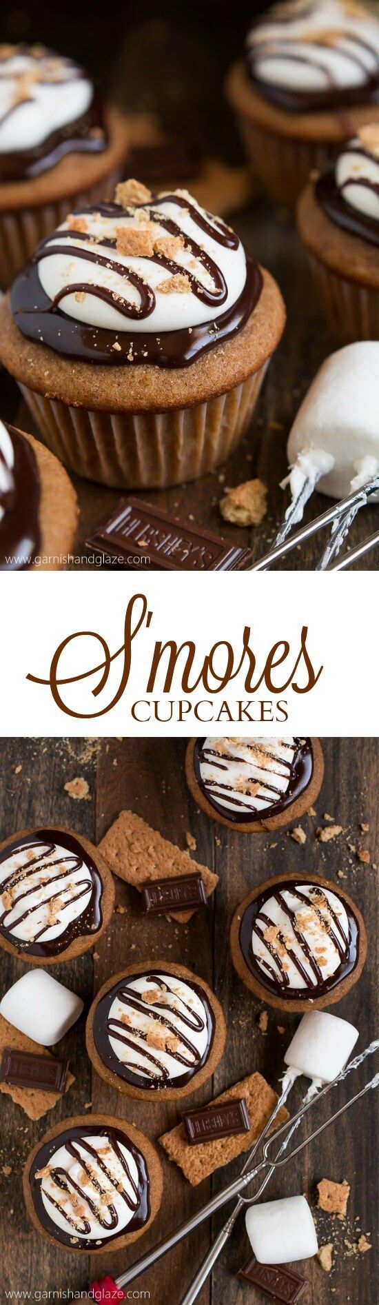 Celebrate National Smores Day with Smores Cupcakes that have milk chocolate ganache and fluffy marshmallow frosting on top of a