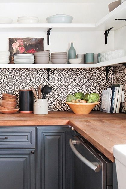 Cement tile backsplash and open shelving. The Ultimate Guide to Backsplashes via @PureWow
