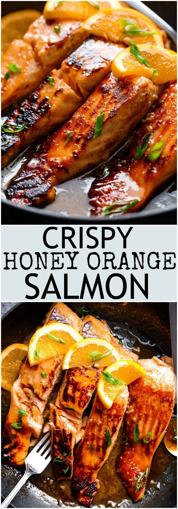 Crispy Honey Orange Glazed Salmon fillets are pan-fried in the most beautiful honey-orange-garlic sauce, with a splash of soy for