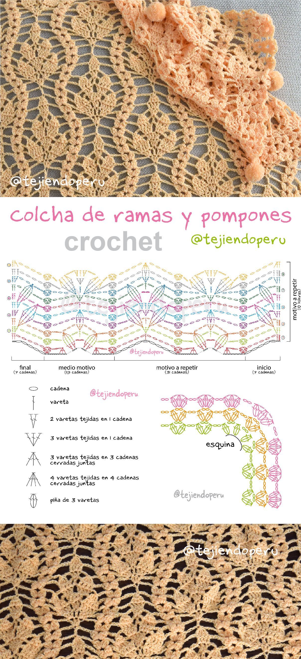 Crochet Tejiendo Perú: colcha con ramas y pompones paso a paso con video tutorial y diagrama!