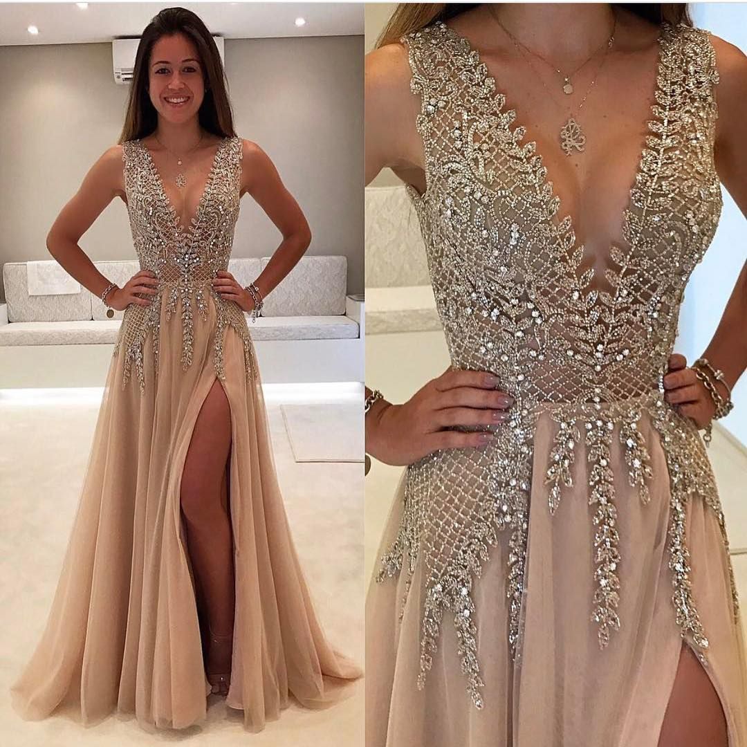 Deep V Prom Dress,Beaded Prom Dress,Fashion Prom Dress,Sexy