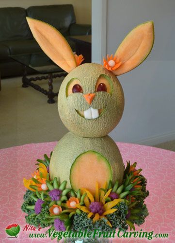Easter Bunny Centerpiece Carved from Cantaloupe. Get details about the ingredients on my blog at www.vegetablefrui…