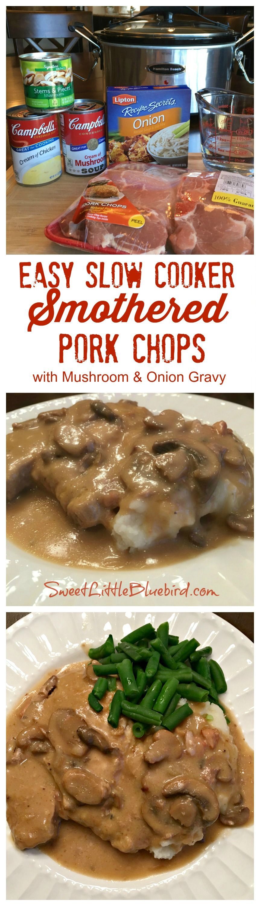 Easy Slow Cooker Smothered Pork Chops with Mushroom and Onion Gravy –  Comfort food thats simple to make, so good. With just a few