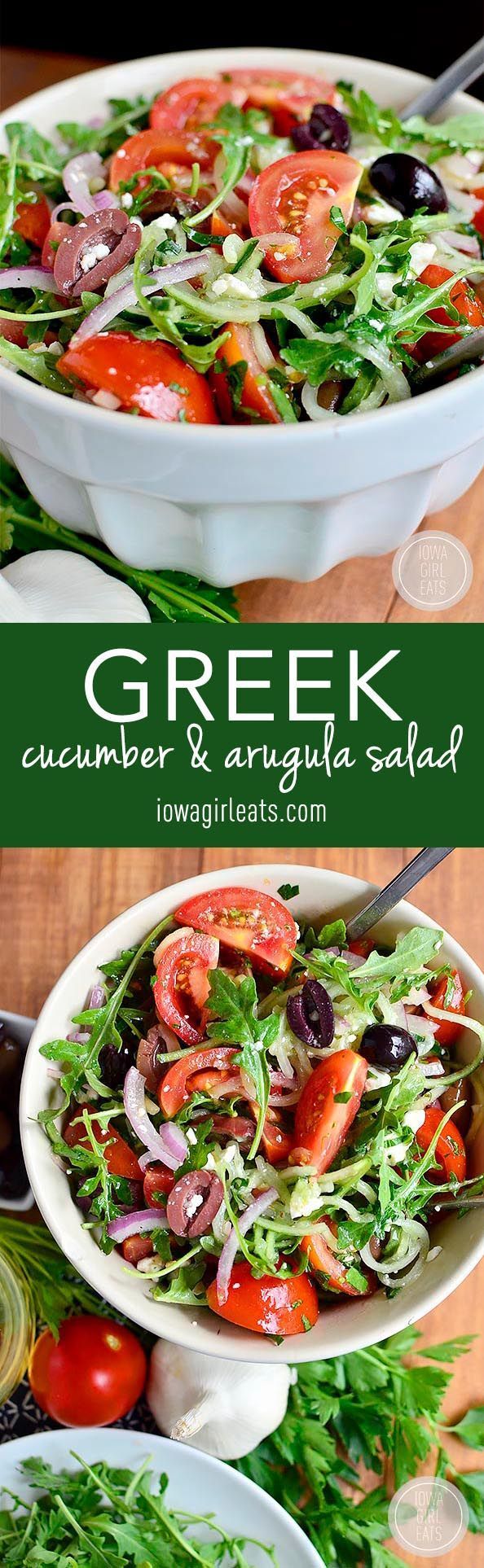 Greek Cucumber and Arugula Salad is fresh and light. Perfect as a light side with dinner or taking to a party or pot luck! |