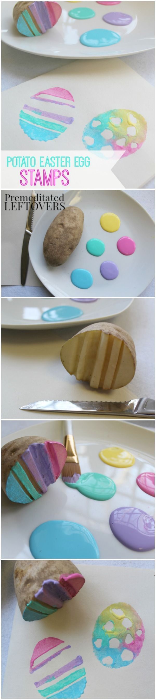 Handmade Potato Easter Egg Stamps for Kids- Grab a potato and make these DIY Easter egg stamps. Kids will love painting with this