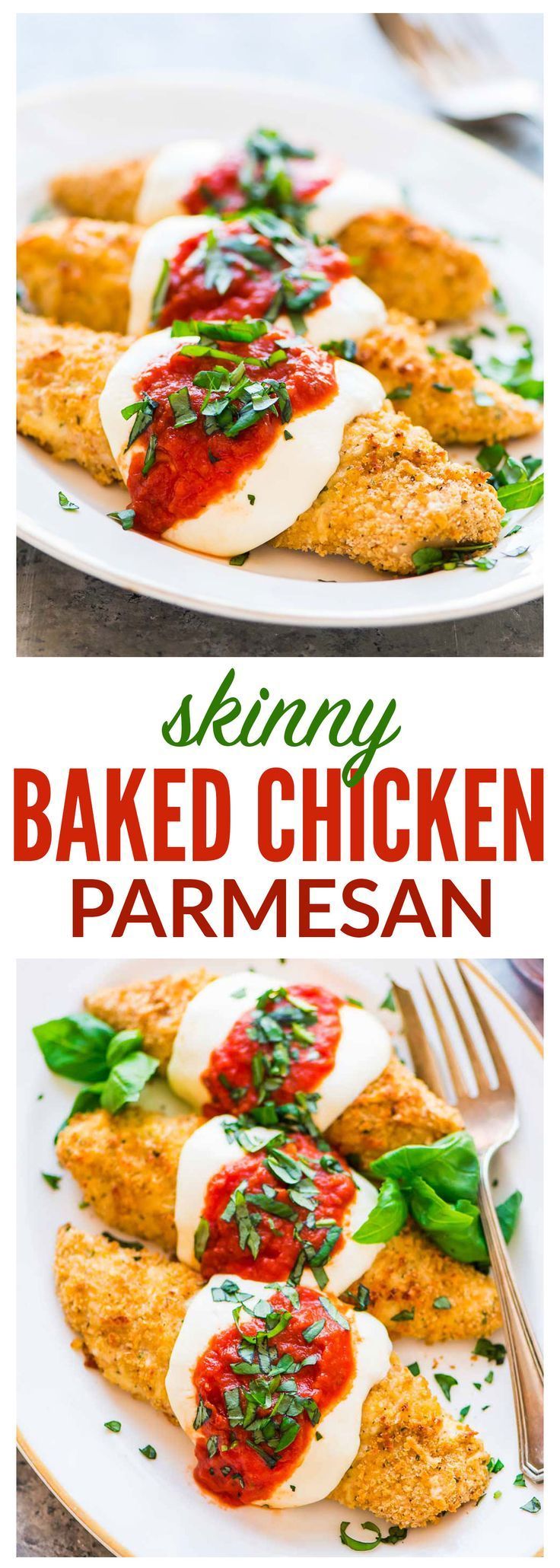 Healthy Baked Chicken Parmesan. Crispy, juicy, and even better than a restaurant! Easy, kid-friendly recipe. Ready in 30 minutes!
