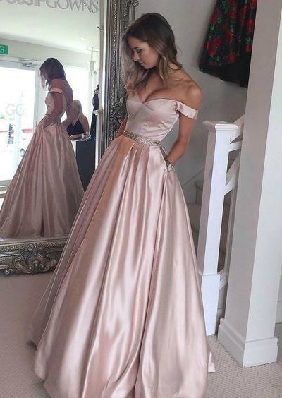 Off-shoulder prom dress, ball gown, elegant blush satin prom dress