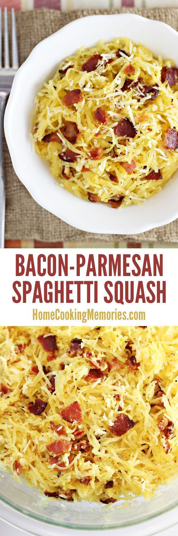 One of the best easy side dishes: Bacon-Parmesan Spaghetti Squash recipe! Only 4 ingredients! A must-make fall recipe when