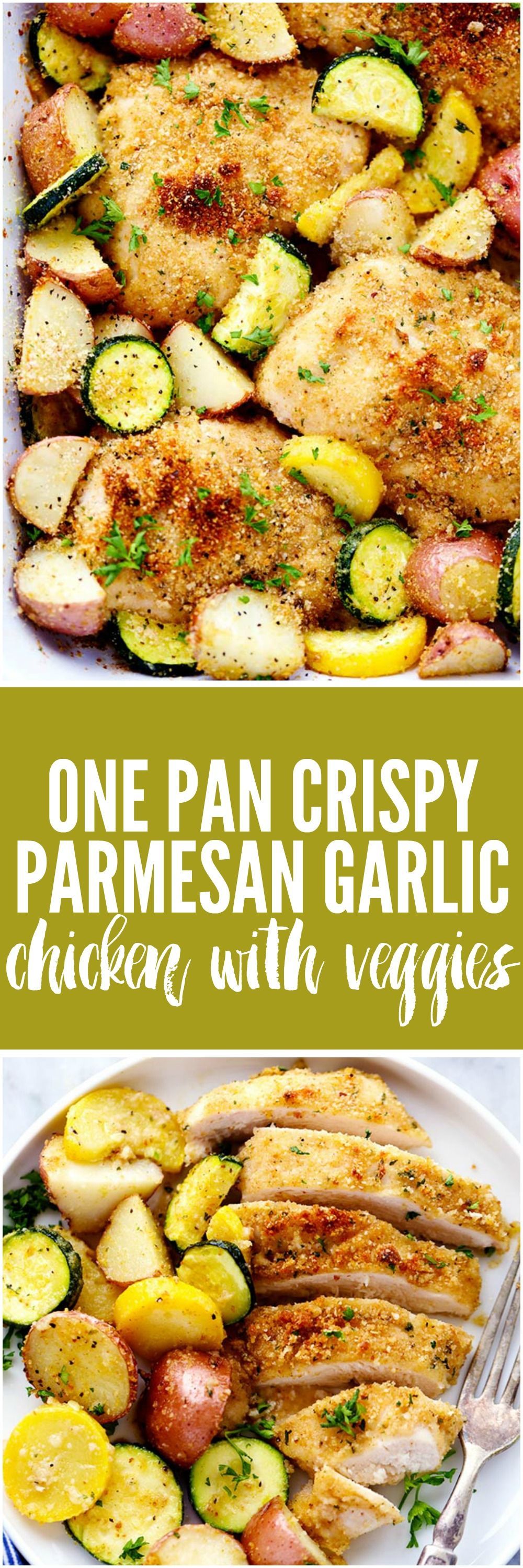 One Pan Crispy Parmesan Garlic Chicken with Vegetables will be one of the best one pan meals you ever make. The tender and juicy