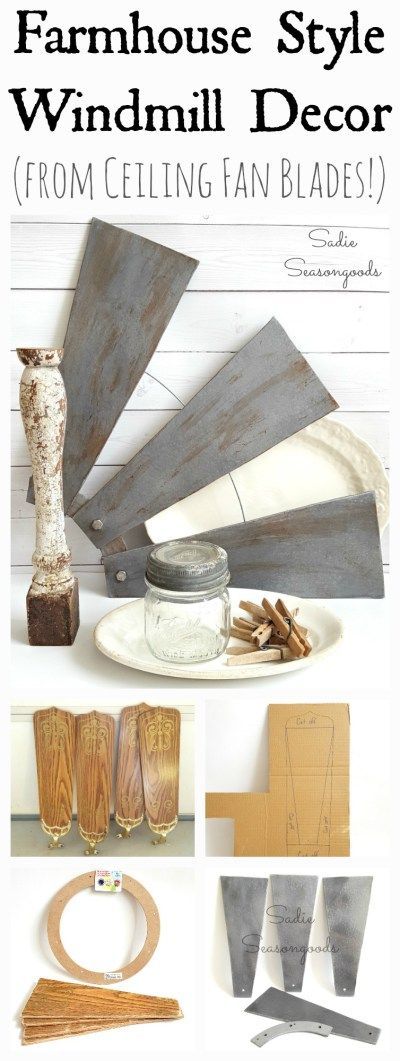Outdated ceiling fan blades repurposed and upcycled into DIY farmhouse style salvaged windmill decor by Sadie Seasongoods /