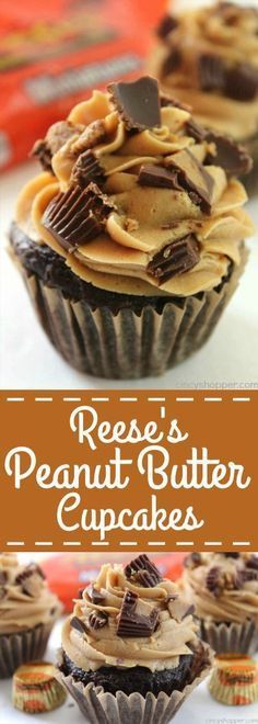 Reeses Peanut Butter Cupcakes - simple chocolate cupcake stuffed with a Reeses Miniature then topped with a creamy peanut butter