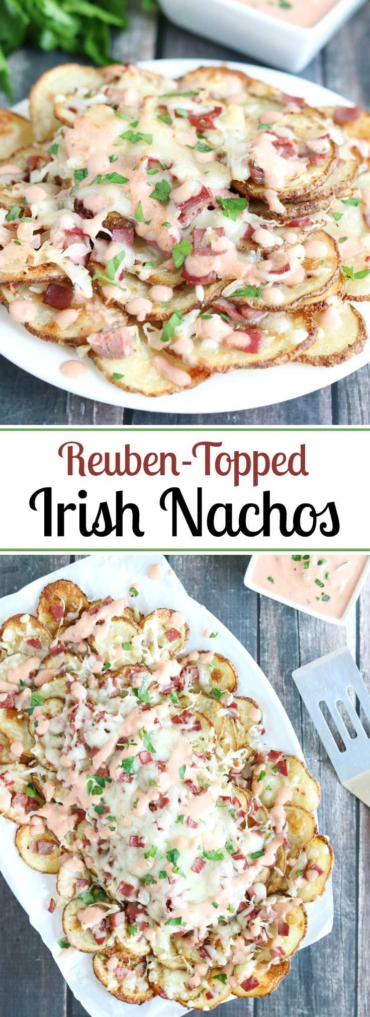 Seasoned, oven-baked potato chips and classic reuben toppings! These Reuben-Topped Irish Nachos feature all the ever-popular