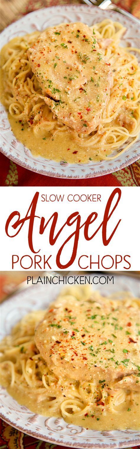 Slow Cooker Angel Pork Chops – THE BEST pork chops EVER! Everyone cleaned their plate!!! SO tender and full of flavor. Pork chops,
