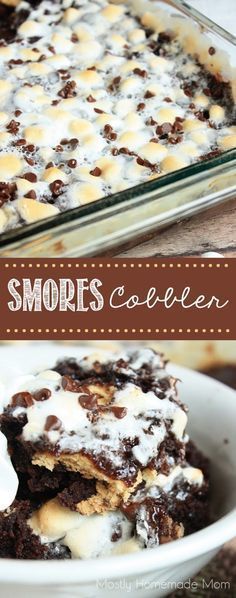 Smores Cobbler – This variation of a dump cake recipe uses chocolate pudding, chocolate cake mix, semi sweet chocolate chips,