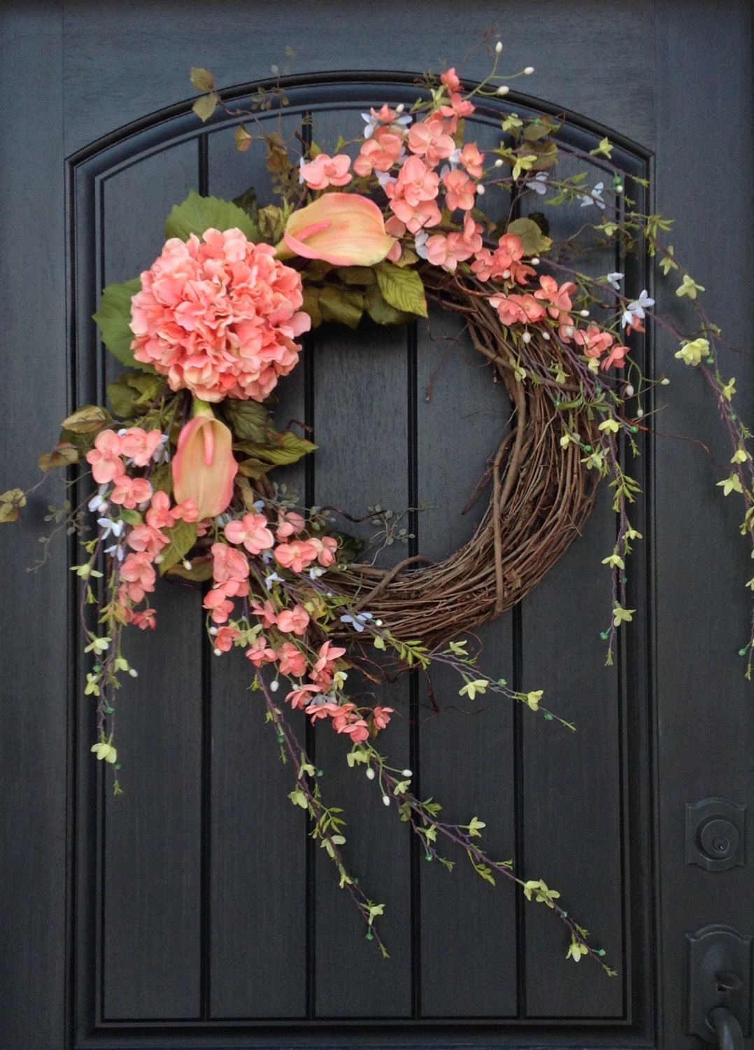 Spring Wreath Summer Wreath Floral White Green Branches Door Wreath Grapevine Wreath Decor-Coral Peach Lilies Wispy Easter-Mothers