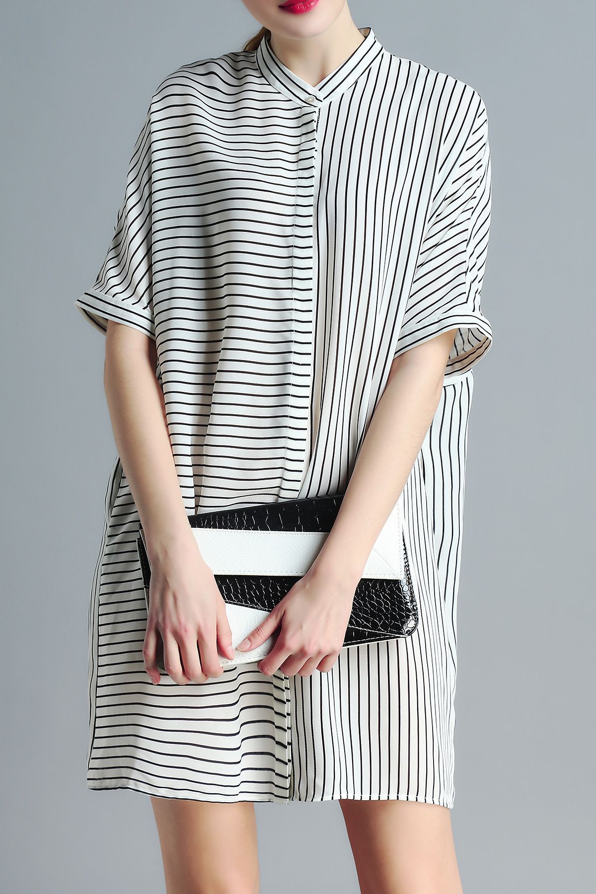 Striped Stand Neck Loose Fitting Dress