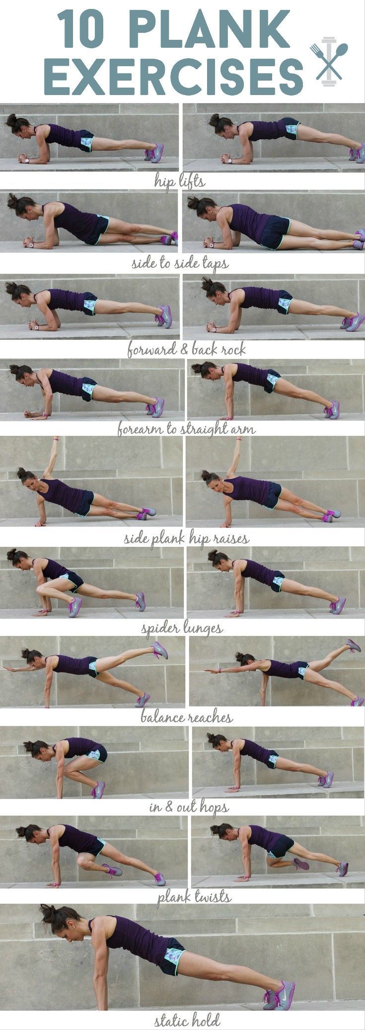 TEN different ways you can plank for a full body workout! Complete tutorial at physicalkitchness…