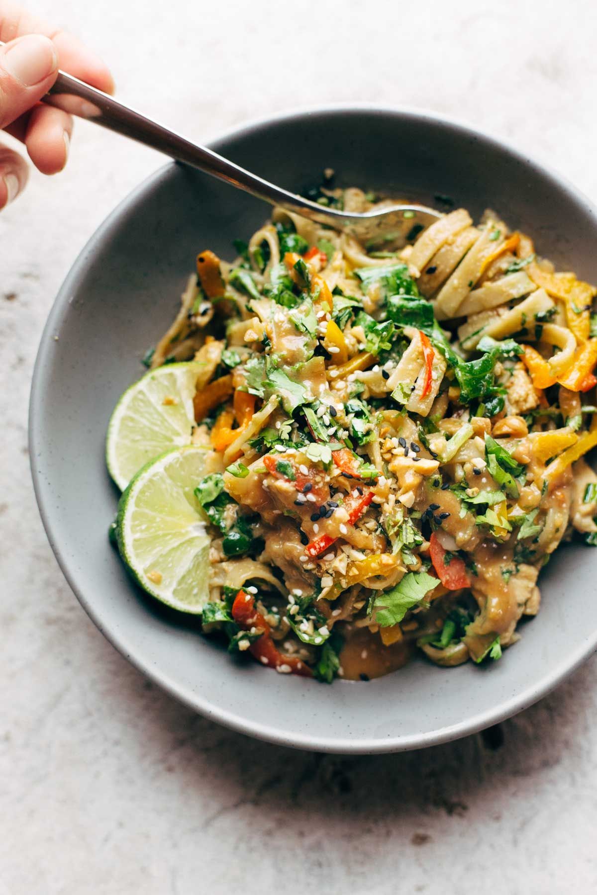 Thai Noodle Salad with Peanut Lime Dressing – veggies, chicken, brown rice noodles, and an easy homemade dressing. |