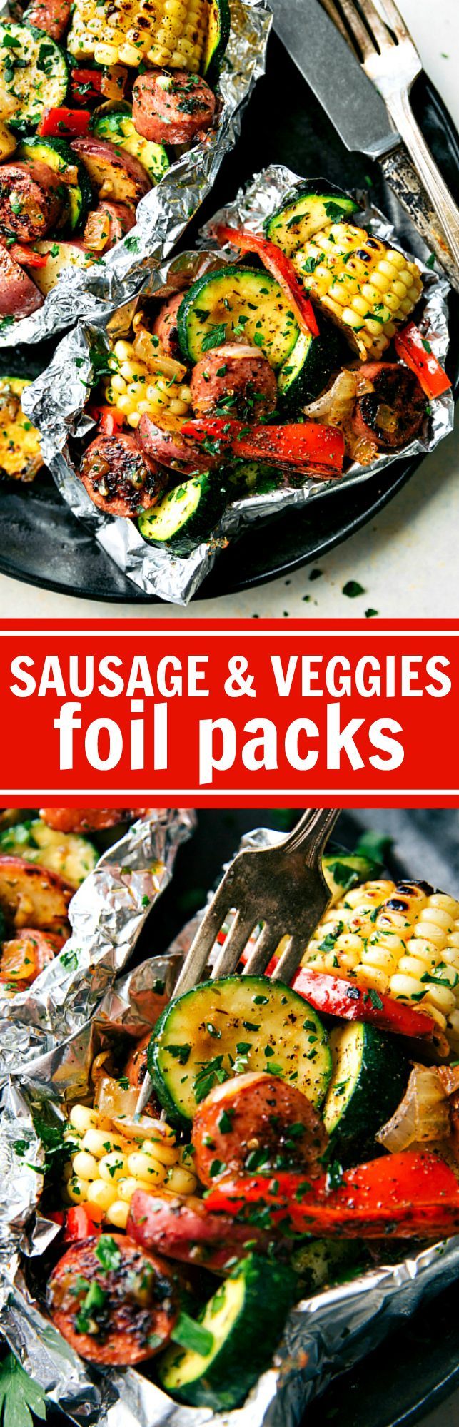 These delicious and easy tin foil packets are so quick to assemble! They are packed with sausage, tons of veggies, and the very