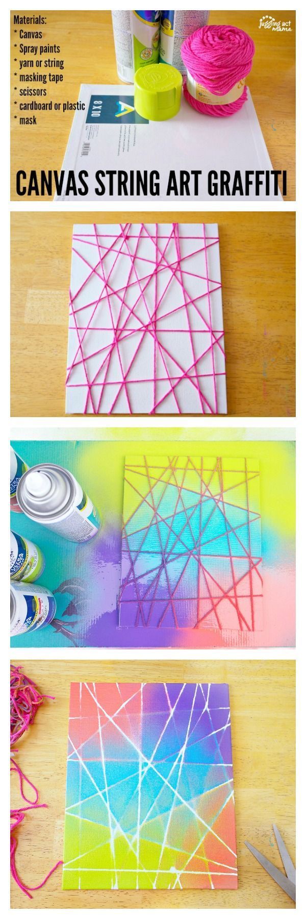 This Canvas String Art Graffiti project is fun for kids and adults alike.  While this is a spray paint project, you can use