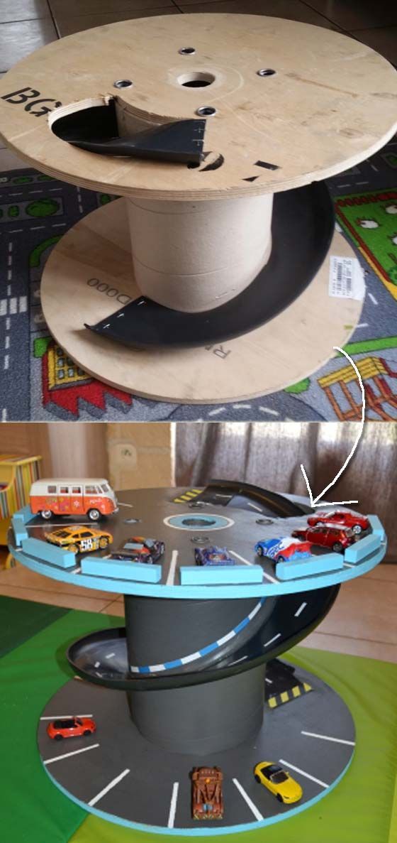 #17. Use an old cable spool to create this surprising toy car station.
