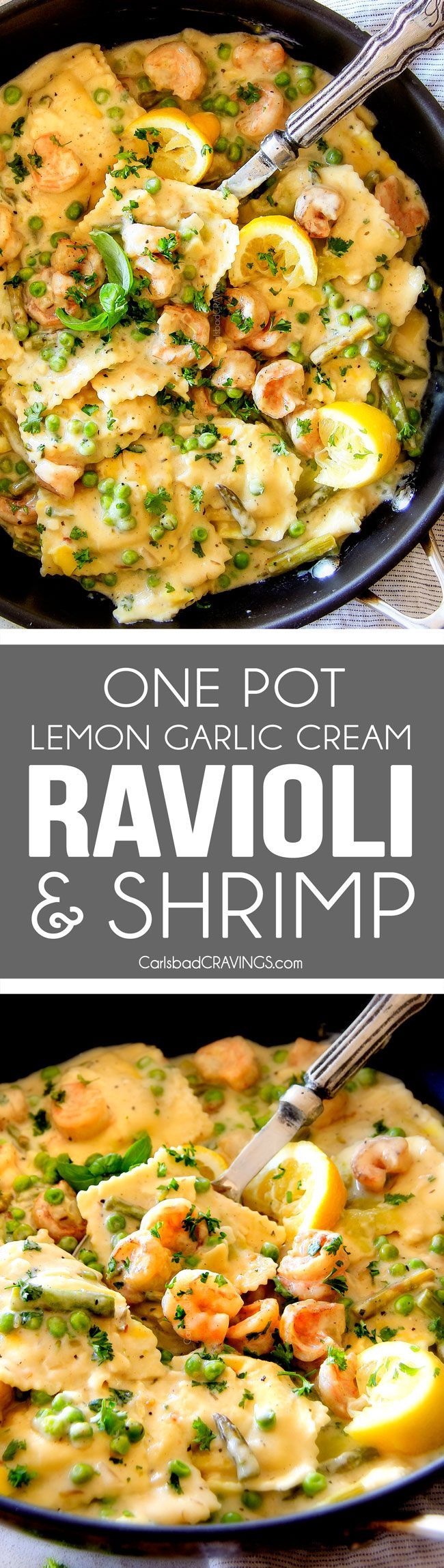 30 Minute, ONE POT (Lightened Up!) Lemon Garlic Cream Ravioli with Shrimp and Asparagus is wonderfully creamy, bursting with