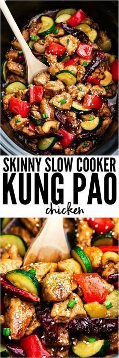 A delicious Skinny Slow Cooker Kung Pao Chicken coated in a sweet and spicy sauce with tender vegetables and crunchy cashews. Skip