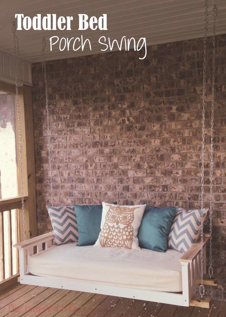 A refurbished toddler bed or crib is the perfect oversized porch swing for everyone to enjoy! Check out our DIY toddler bed porch