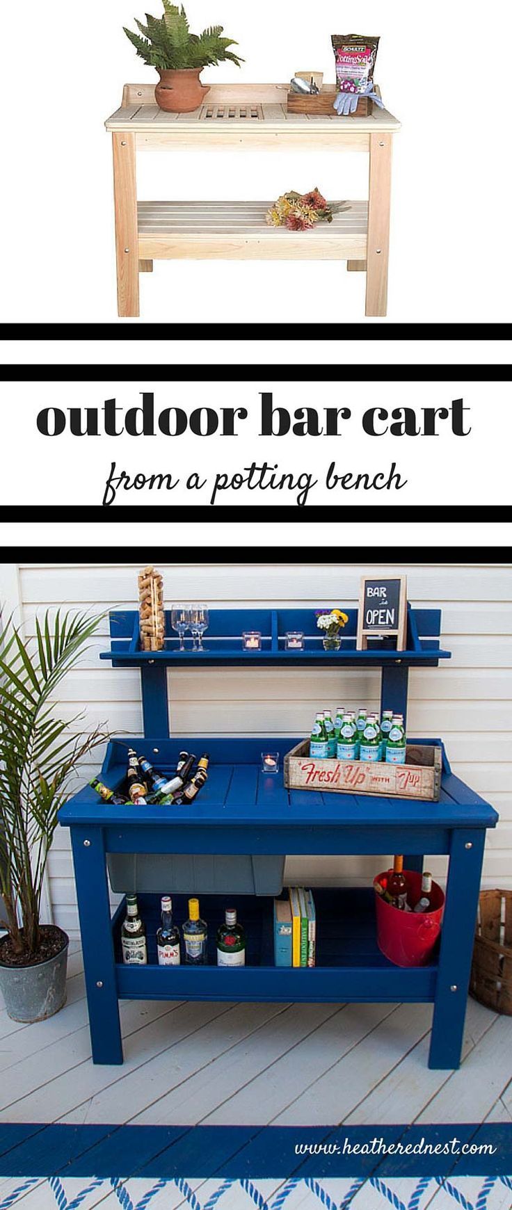 an outdoor potting table can be turned into the patio outdoor bar cart! Check out this one from www.heatherednest… what a fun