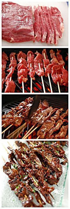 BBQ Beef Teriyaki Recipe – 1 flank steak 16 bbq skewers 2 tsp sesame oi salt & pepper Teriyaki Glaze 1 cup soy sauce 1/2 cup brown