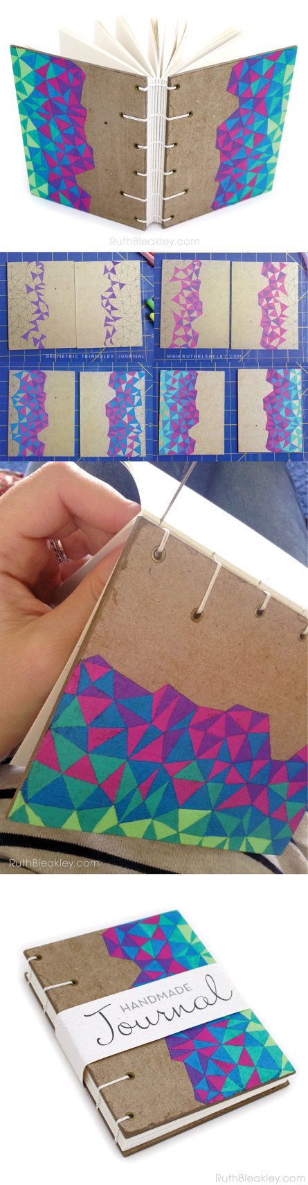 Coptic Stitch Journal with hand-drawn geometric triangles by Ruth Bleakley on Etsy
