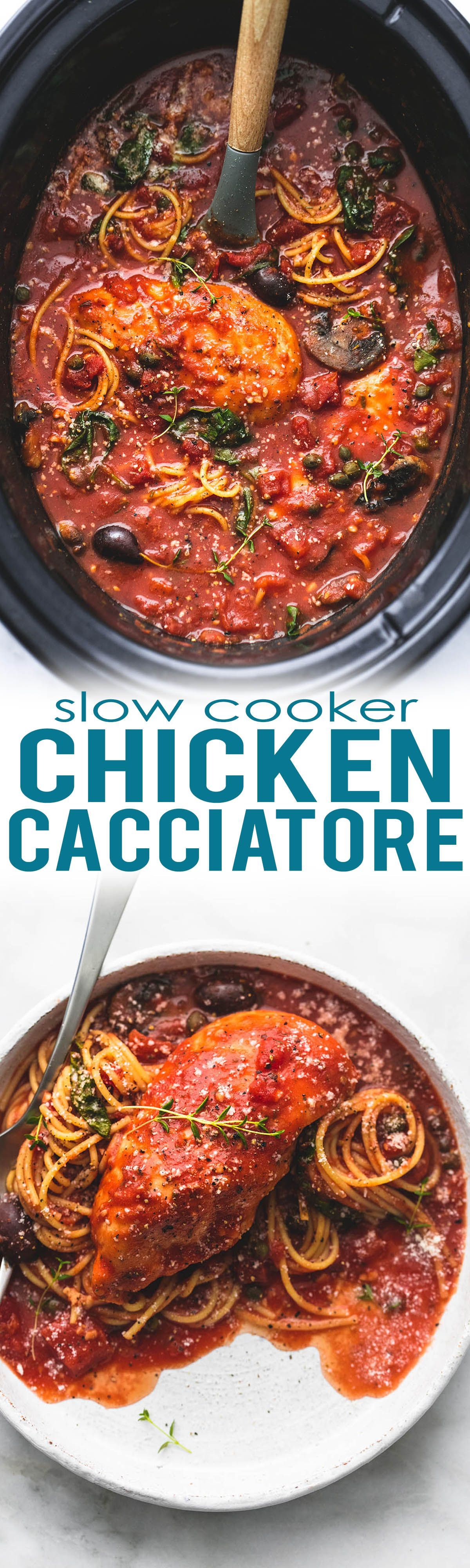 Easy and Healthy Slow Cooker Chicken Cacciatore made in the crockpot with a few minutes of prep! | lecremedelacrumb.com