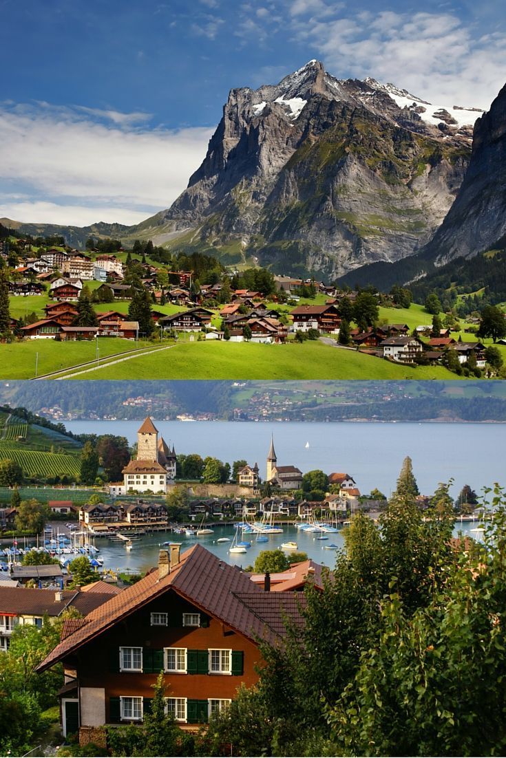 Interlaken in the Bernese Highlands region of the Swiss Alps is surrounded by three majestic mountains: Eiger, Mönch and Jungfrau.